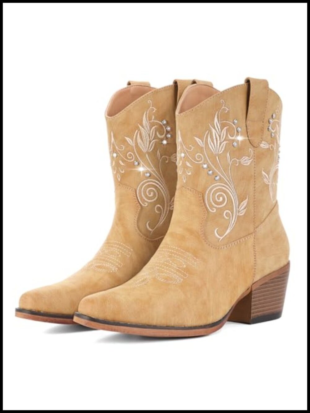 Women's Ankle Cowboy Boots Faux Leather Pointed Toe Rhinestone Western Booties
